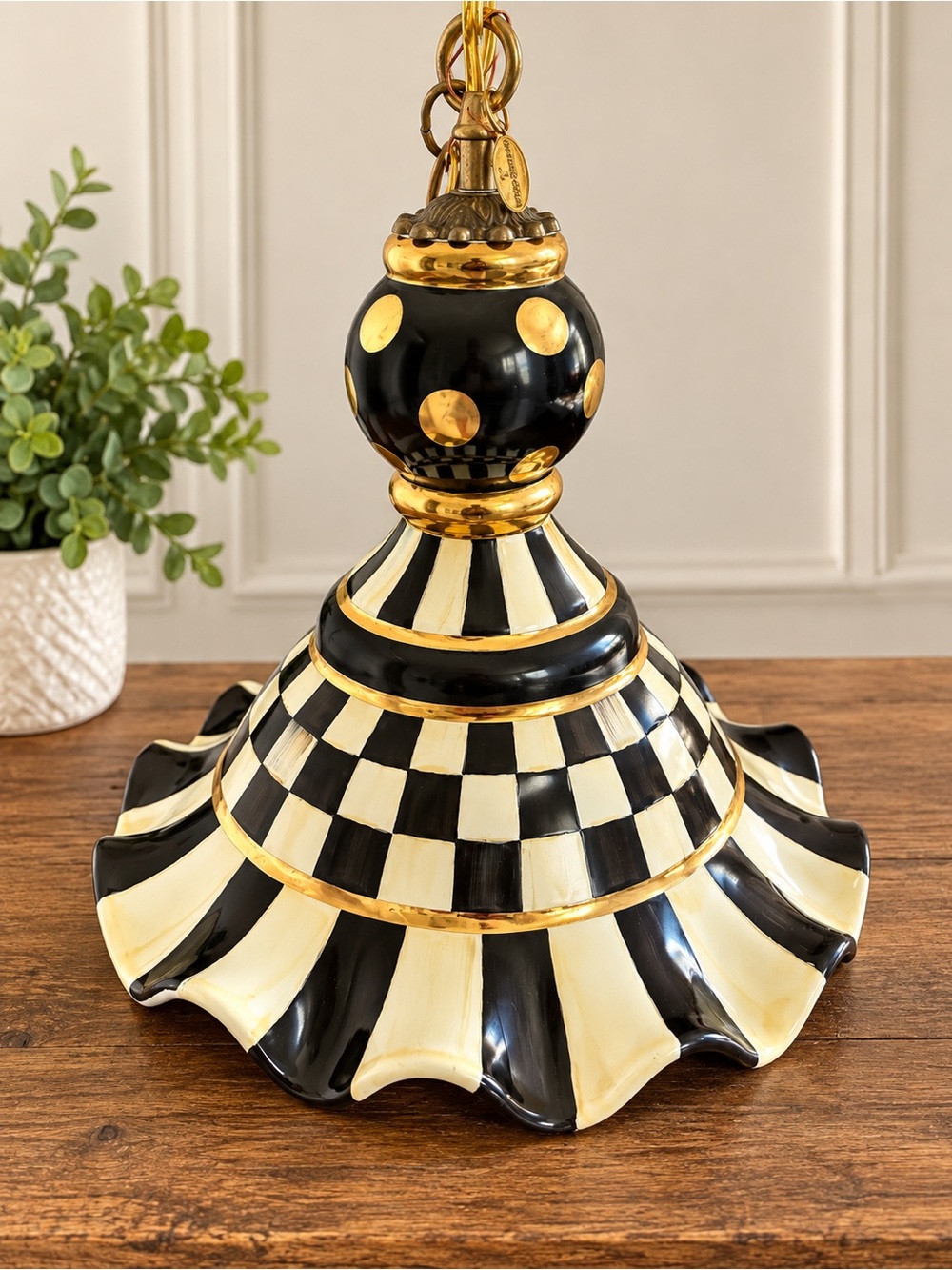 MacKenzie-Childs Black, Cream & Gold Checkered Hanging Lantern